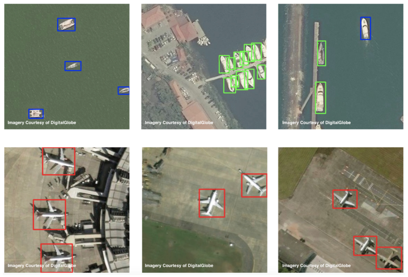 A few examples of satellite imagery training data: docked ships (green), ships underway (blue) and airplanes (red)